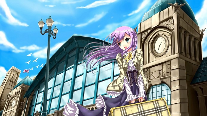 Anime girl with purple hair at a train station