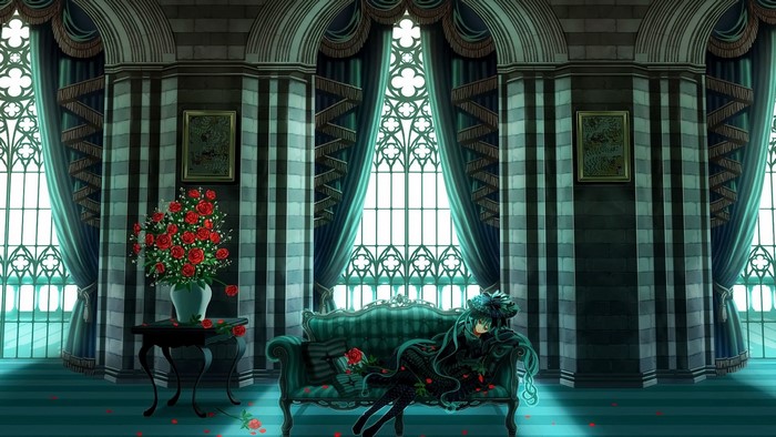 Hatsune Miku in a gothic room with roses