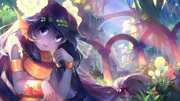 Anime girl with dark hair and blue eyes in a fantasy garden
