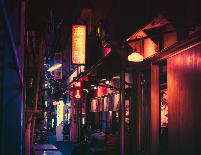 Neon-lit Japanese street at night