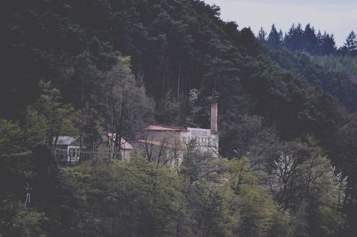 Abandoned factory building on a forested hill