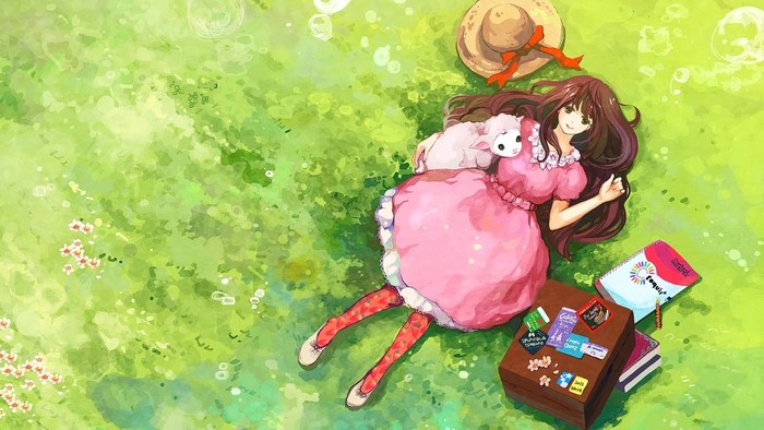 Anime girl with sheep and books on grass