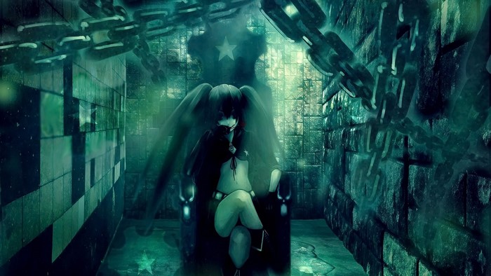 Black Rock Shooter sitting on a throne in a dark room