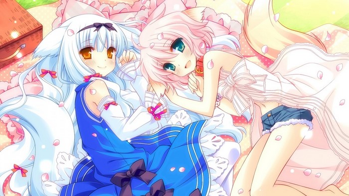 Two anime girls with animal ears on a picnic blanket