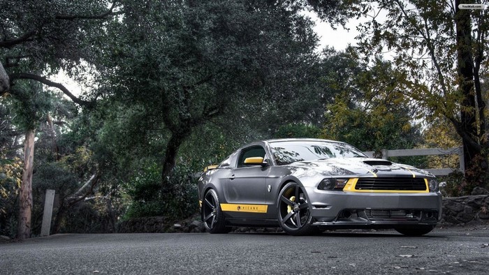 Gray Ford Mustang with yellow accents parked on a road