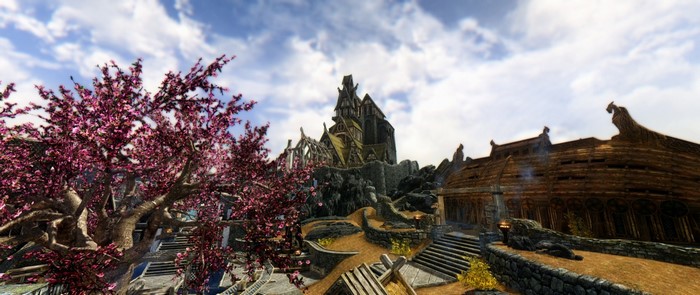 The Elder Scrolls V Skyrim screenshot with cherry blossoms