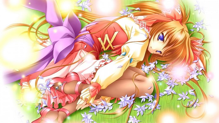 Anime girl with orange hair and blue eyes lying in flowers