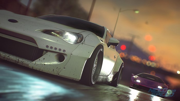 White sports car and purple supercar in Need for Speed