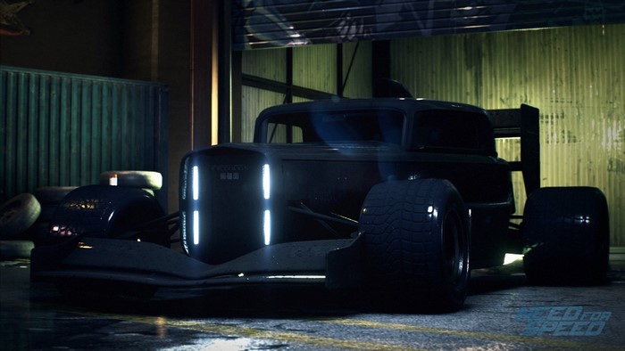 Customized hot rod race car in a garage