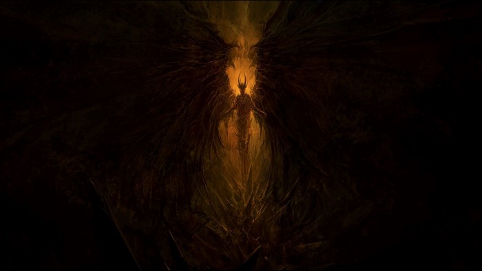 Dark figure with glowing wings in a cave