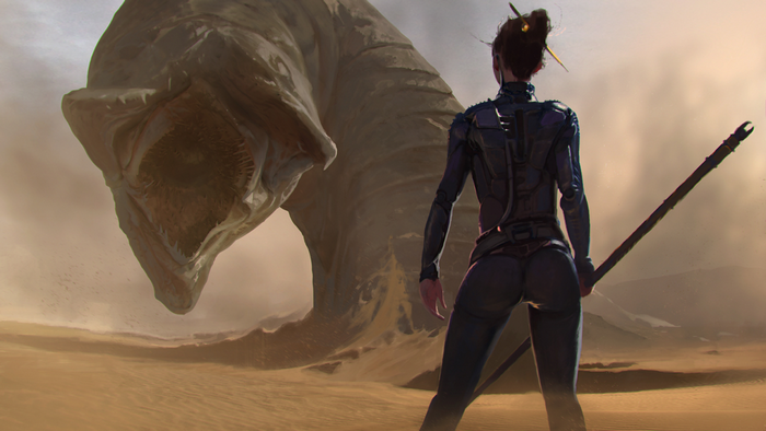 Female soldier facing a sandworm from Dune