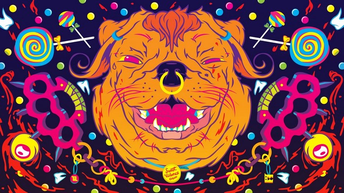 Psychedelic dog with lollipops and brass knuckles