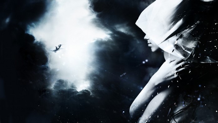 Woman in white hood with bird flying in stormy sky
