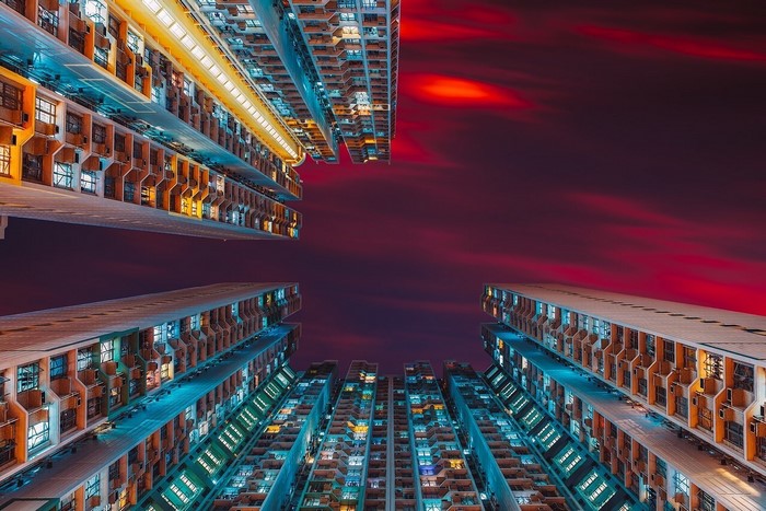 Skyscrapers at night with red sky
