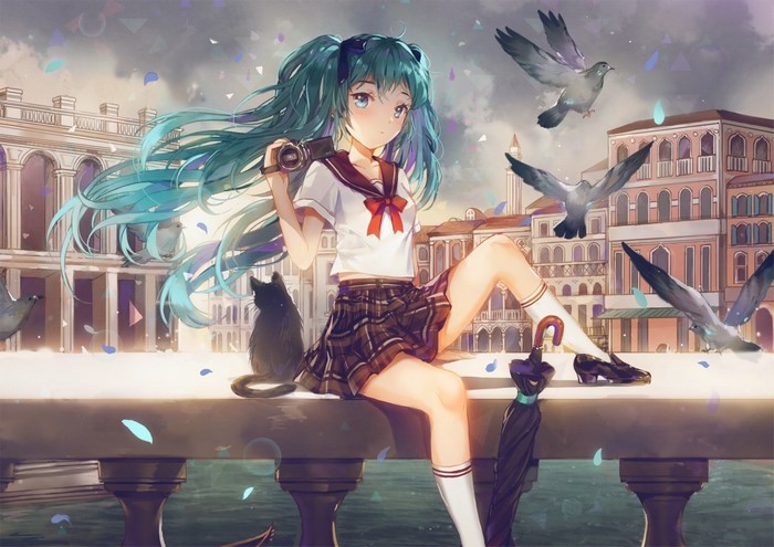 Hatsune Miku with camera and cat in Venice