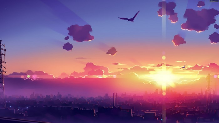 Anime city skyline at sunset with birds flying