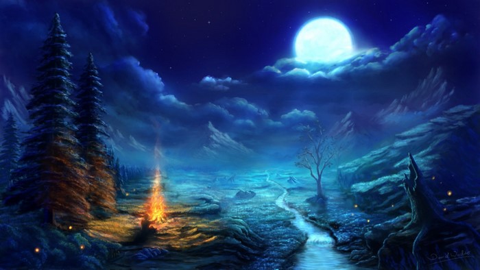 Moonlit Campfire by the Stream in a Mystical Forest