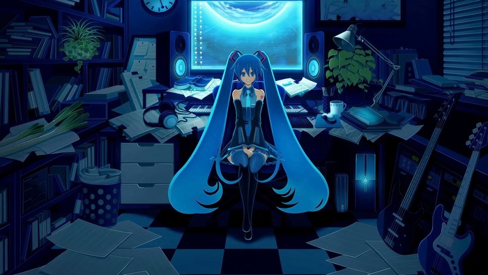 Hatsune Miku in a messy music studio