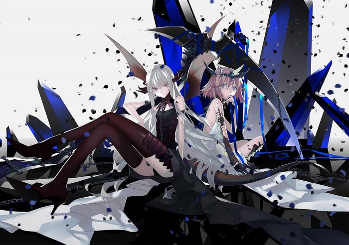 Two anime girls with scythe and wings