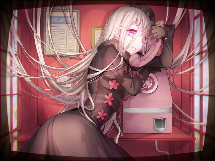 Anime girl with long white hair on the phone
