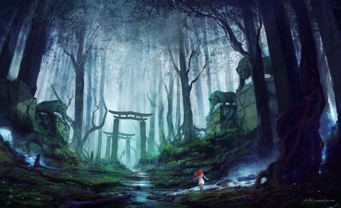 Anime girl in a mystical forest with ancient ruins