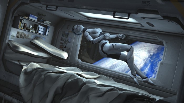 Futuristic Cyborg Floating in Space Station Cabin