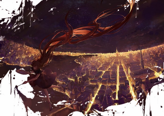 Anime girl with long hair painting a city at night