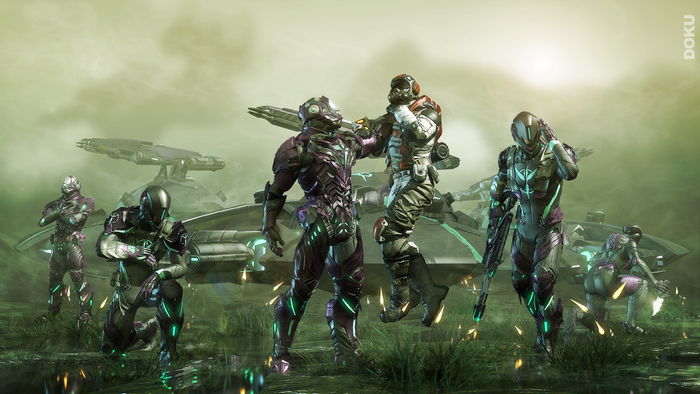 Soldiers in futuristic armor with a vehicle