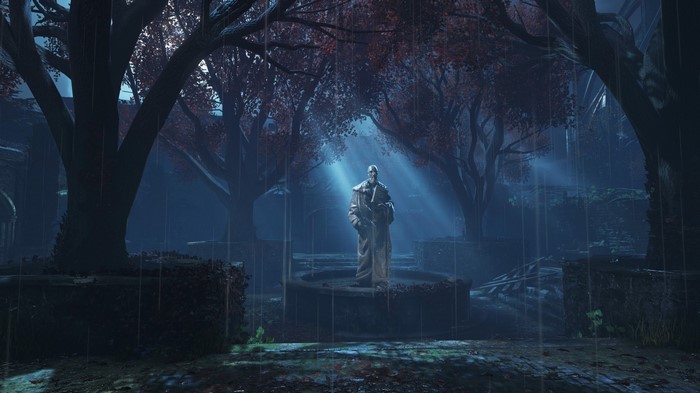 Nemesis from Resident Evil 3 in a dark forest