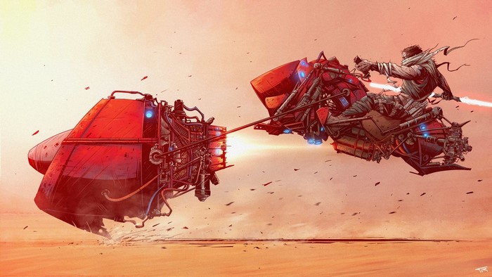 Illustration of a man riding a speeder bike in Star Wars