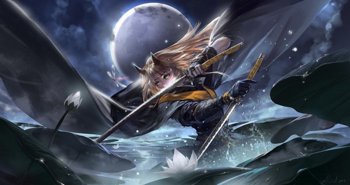 Anime girl with cat ears and swords in a moonlit pond