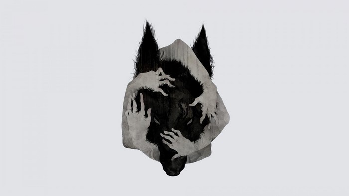 Illustration of a wolf's head covered by hands