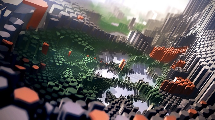 Abstract low poly 3D landscape with orange and green elements