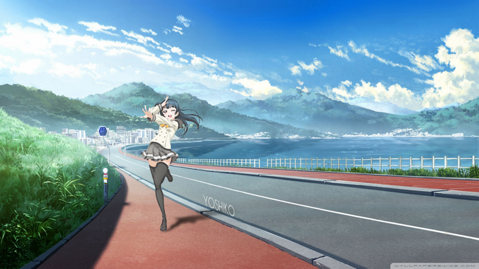 Yoshiko from Love Live! running on a road by the sea