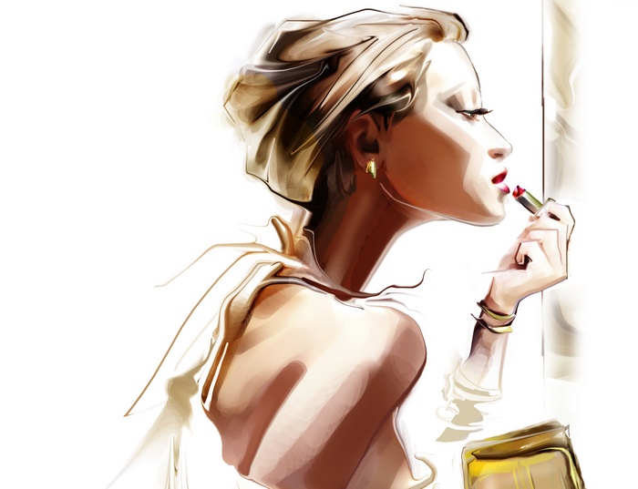 Woman applying red lipstick in profile