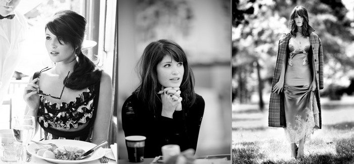 Gemma Arterton in a black and white photo shoot collage