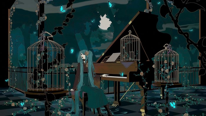 Hatsune Miku with piano and cages