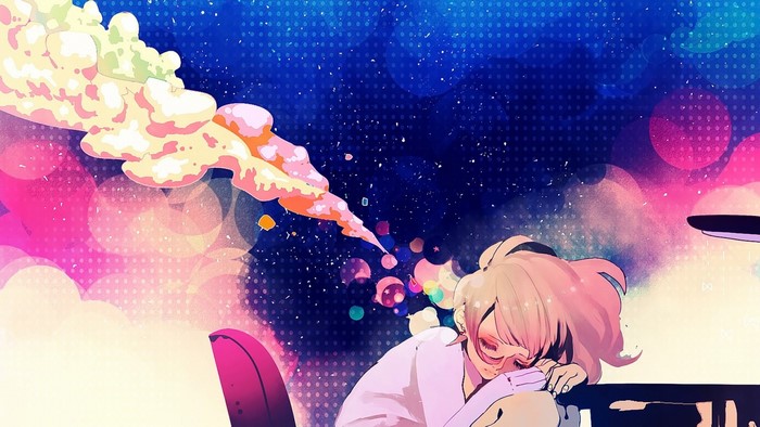 Anime girl sleeping with colorful smoke and bubbles