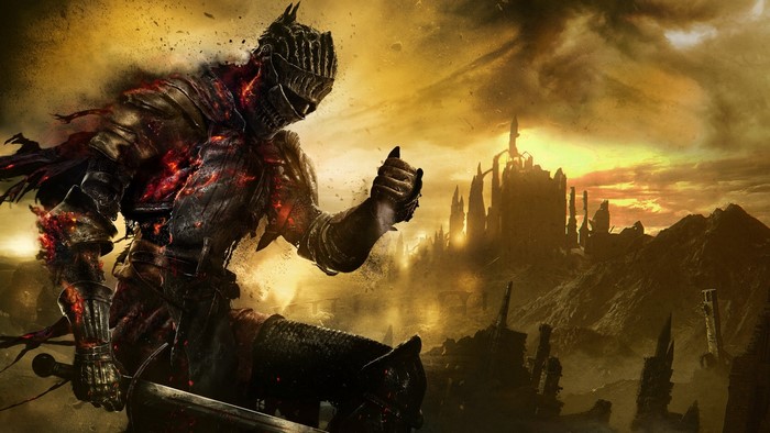 Ashen One from Dark Souls III in a ruined landscape