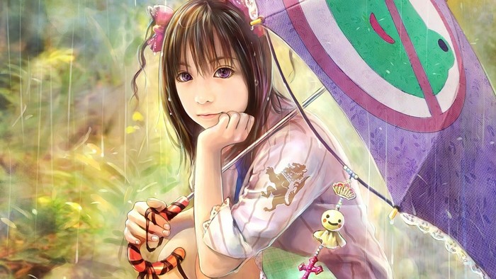 Anime girl with umbrella in the rain