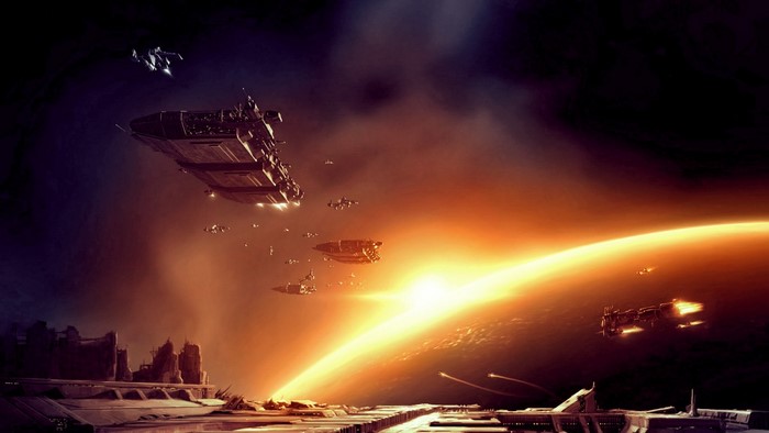 Spaceships in orbit above a planet with a bright light source