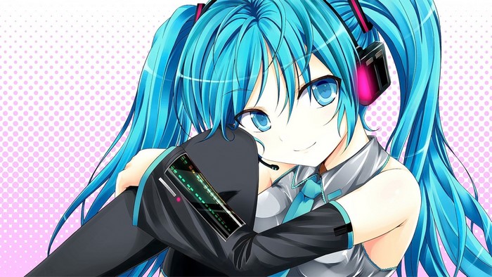 Hatsune Miku Smiling with Headset and Blue Hair