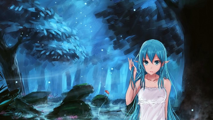 Anime girl with blue hair and pointed ears in a forest
