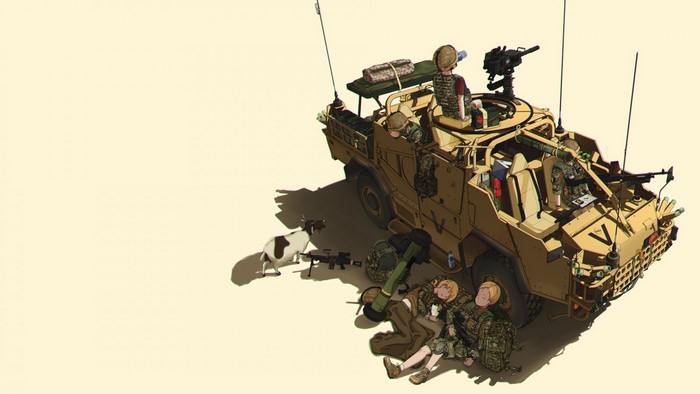 Anime illustration of military vehicle with soldiers and a goat