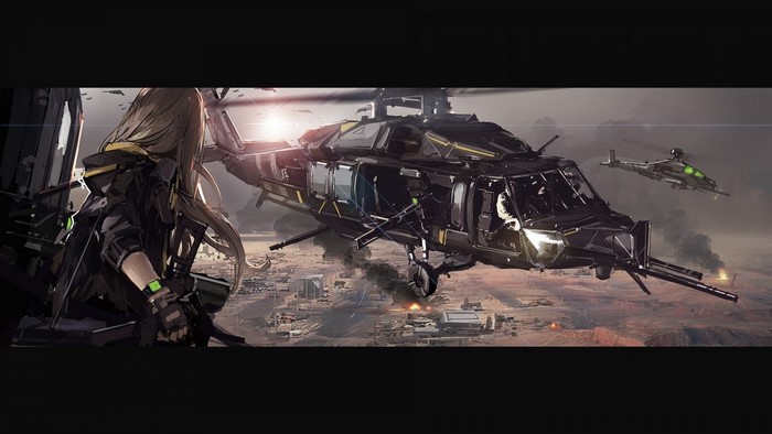 Girl with helicopter in a warzone