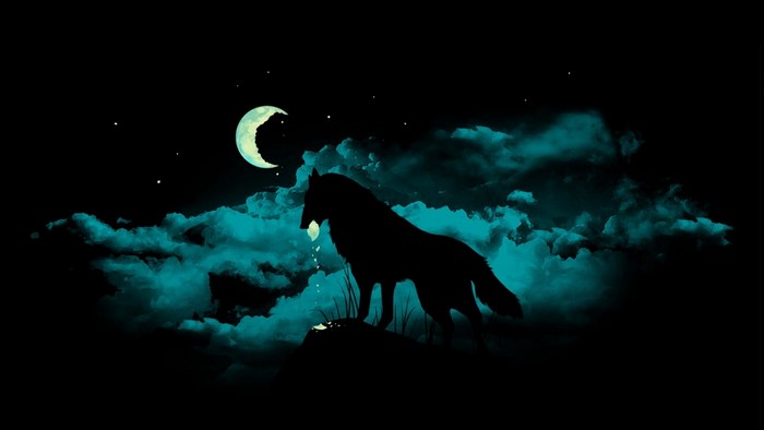 Silhouette of a wolf under a crescent moon