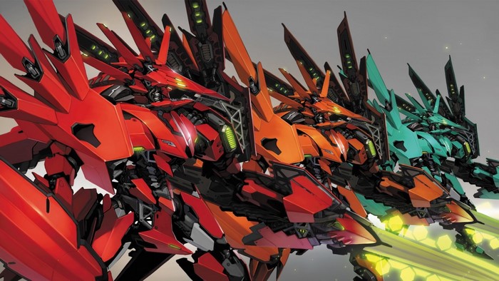 Four colorful mechs with spiky armor and glowing weapons
