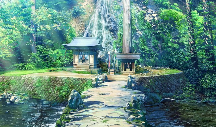 Anime forest shrine with waterfall and stream