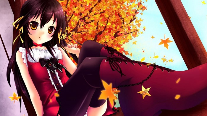 Anime girl with yellow eyes and dark hair in red dress