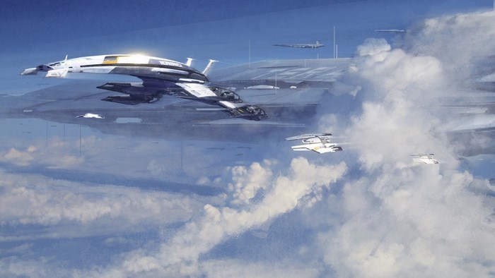 Normandy SR-2 from Mass Effect flying through clouds
